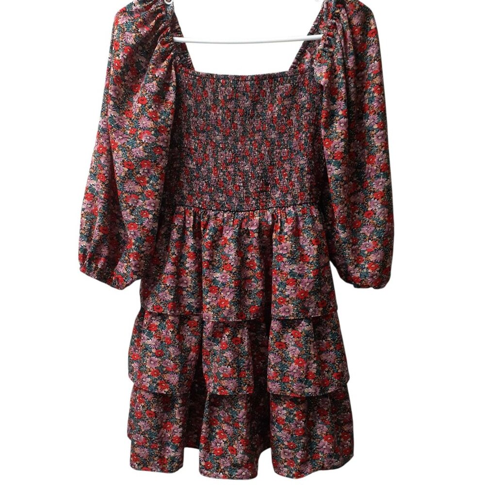 Entro A-Line Dress Womens Size Medium Multi Floral  Layered Square Neck - Picture 5 of 7